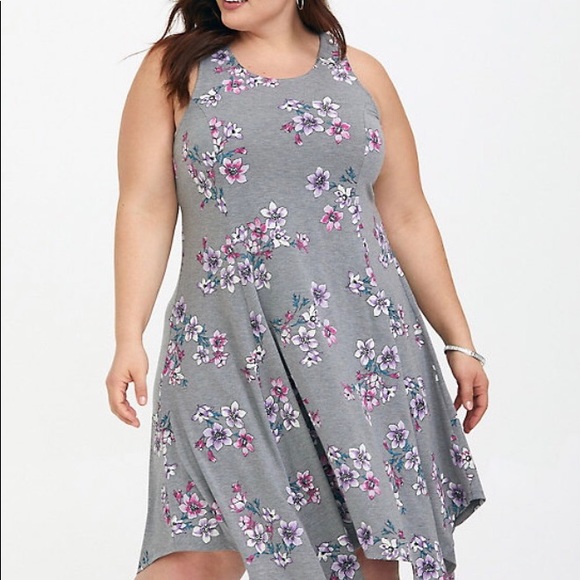 Swing Floral Jersey Trapeze Dress Handkerchief Hem - Picture 4 of 6